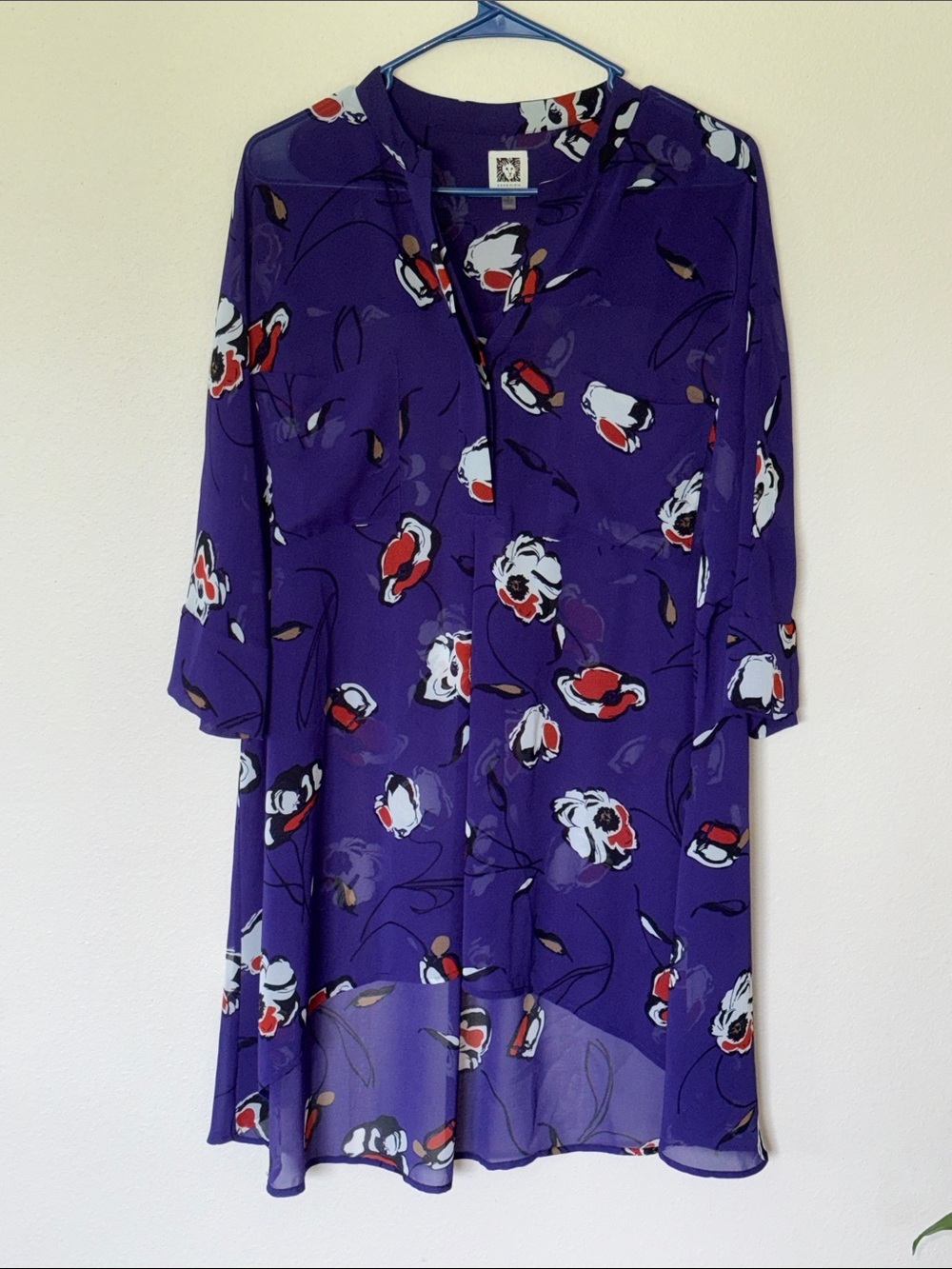 Anne Klein Purple Floral Long-Sleeve Shift Dress/Cover/Tunic, Medium